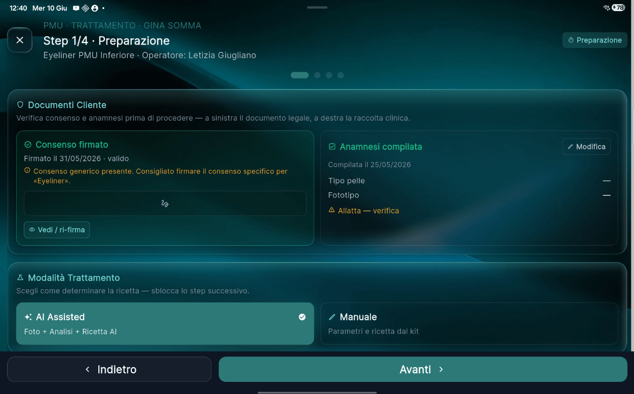 PMUmanager su iPad — trattamento guidato con AI